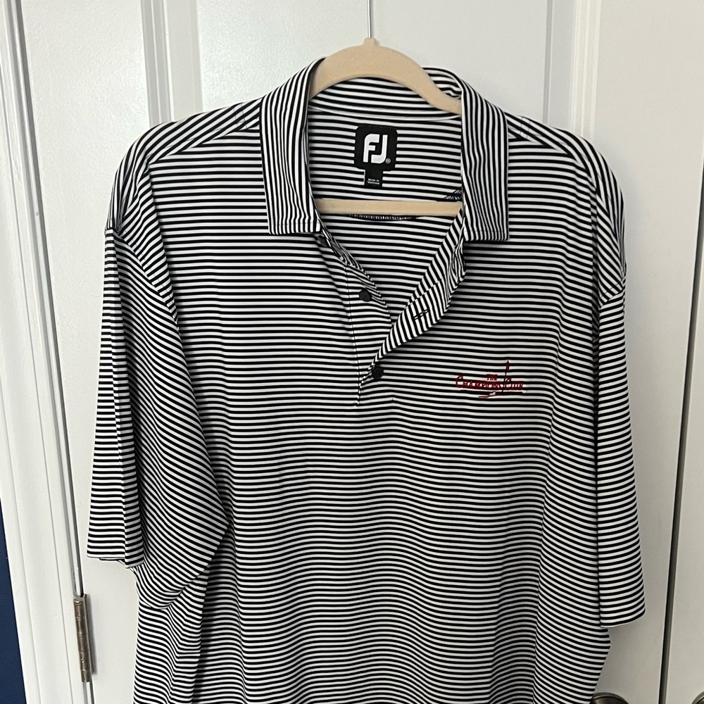 Footjoy golf polo, navy with white stripes.
